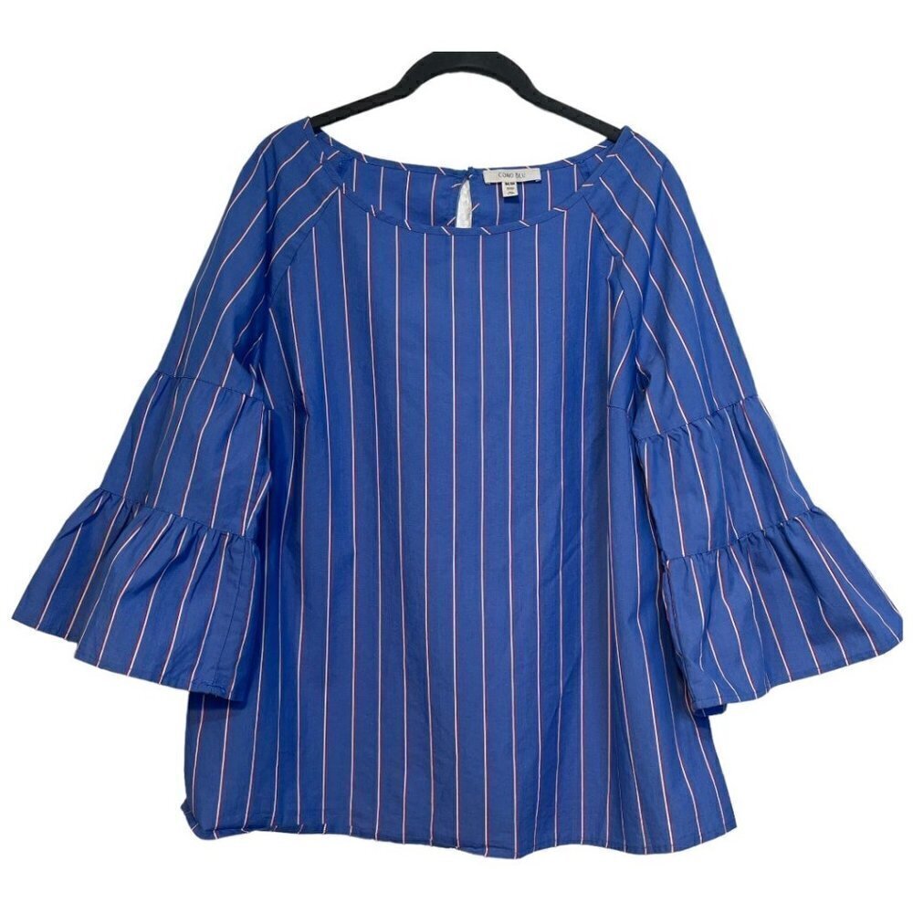 Como Blu Nautical Coastal Blue Red White Stripe Bell Sleeve Top Size Medium